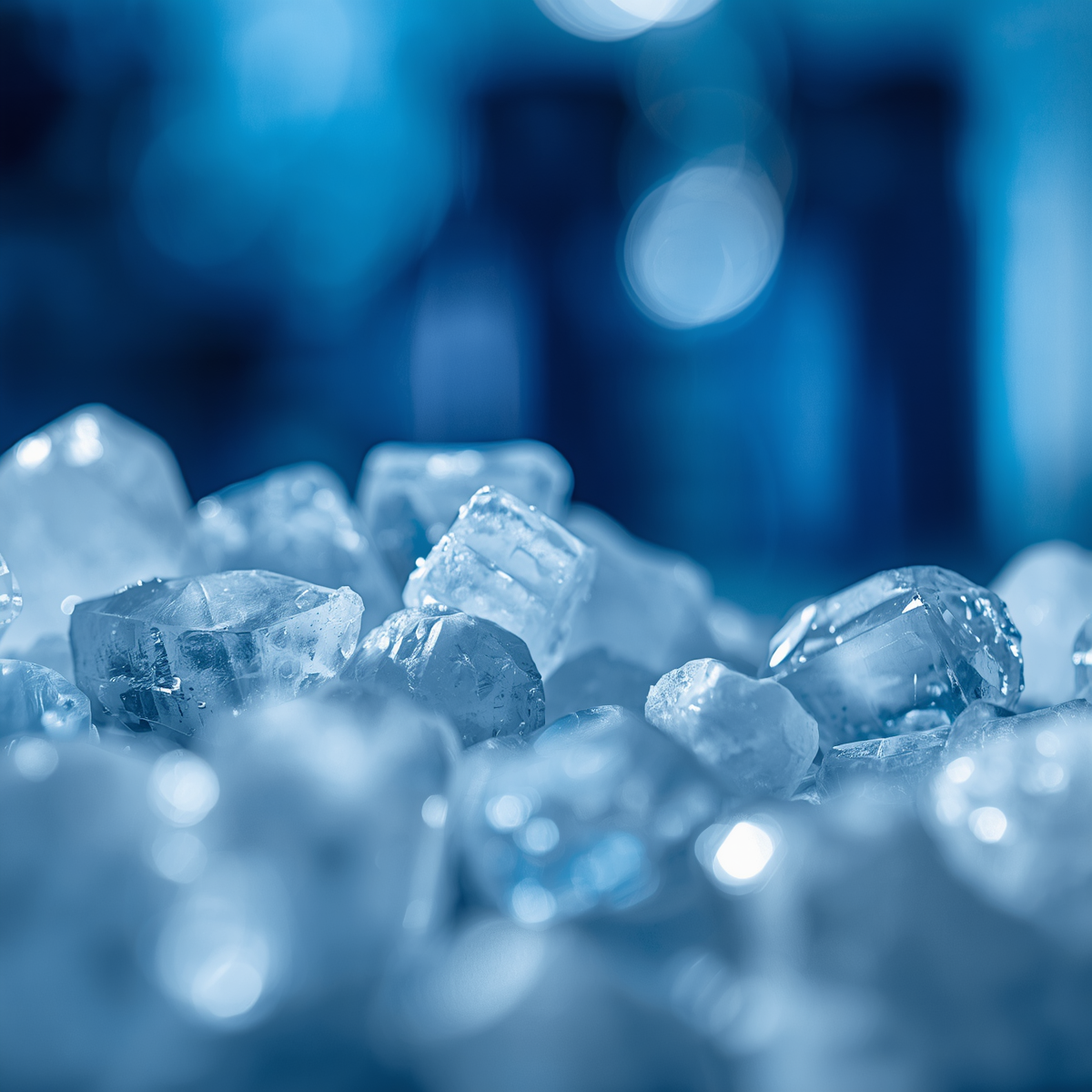 Close-up of ice cubes with a blurred background.