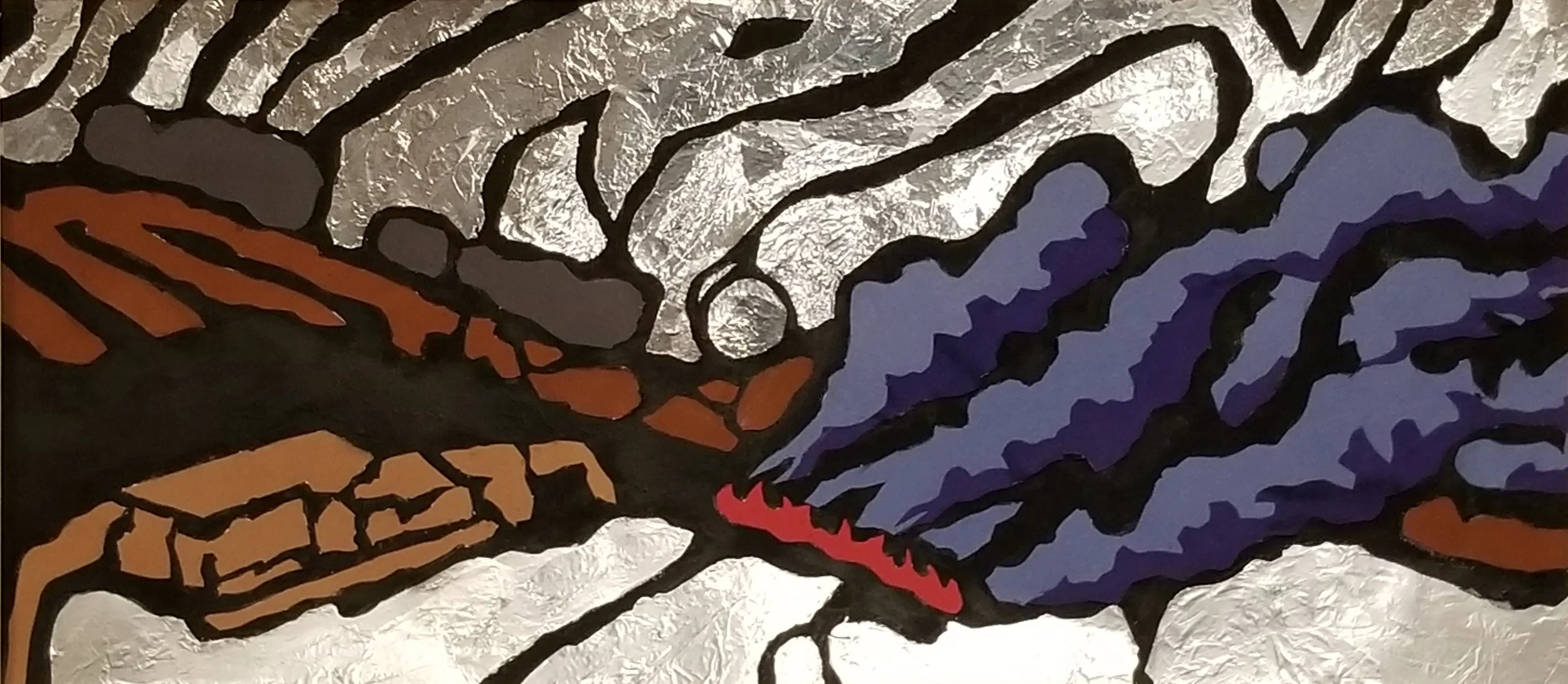 Abstract art piece with black outlining, featuring red, purple, brown, and silver elements and textured foil background.
