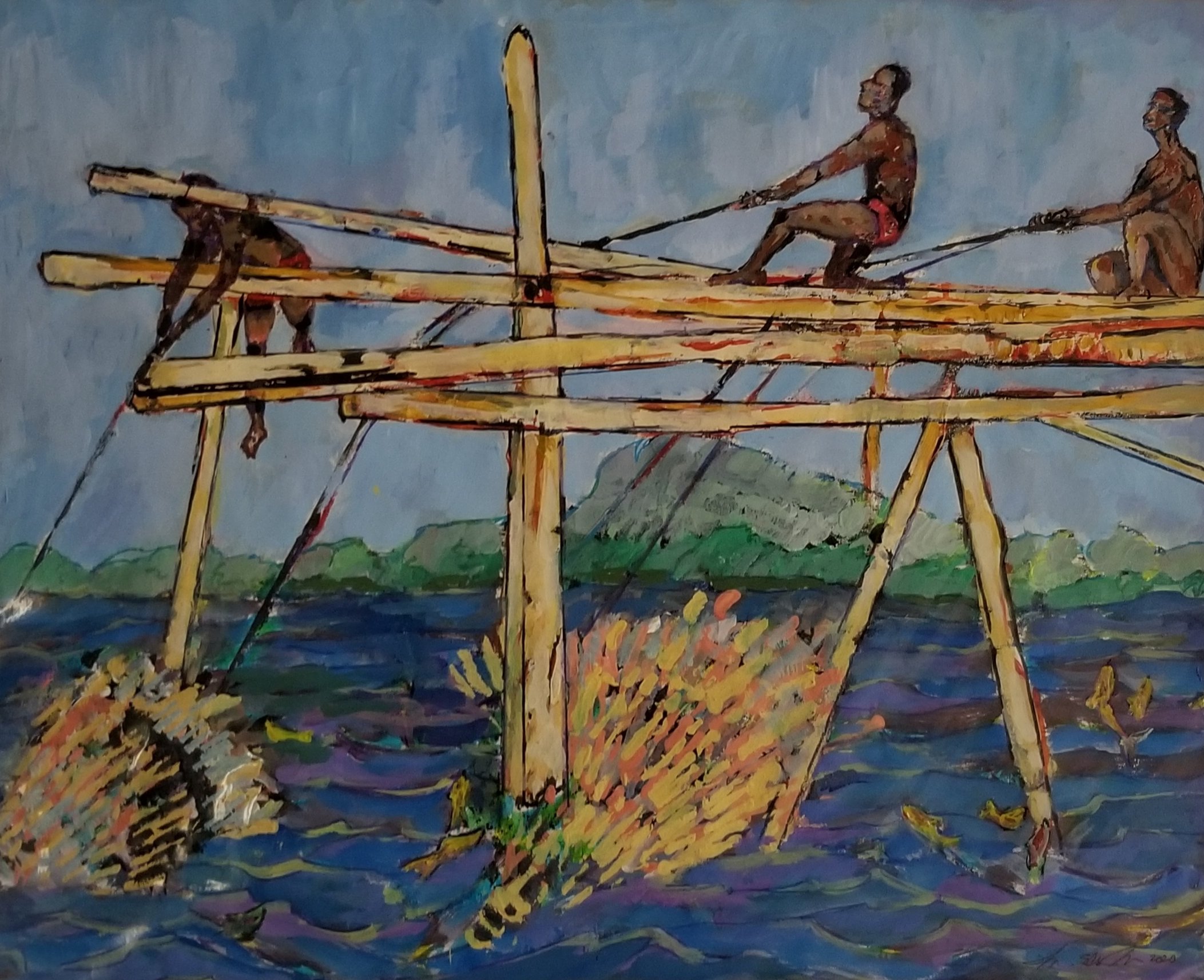 “Fishing the Congo River, version one”, 2023, 20”x24”, Acrylic on Paper,, the piece comes with a mat and a frame..