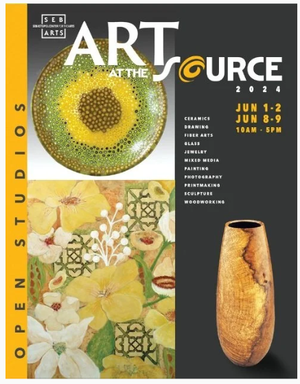 Poster for 'Art at the Source 2024' art event showcasing ceramic pottery, floral drawings, and a detailed beaded eye design, with dates June 1-2 and June 8-9, 10am to 5pm.