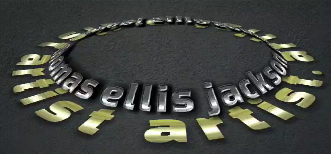 3D metallic words spelling 'Thomas Ellis Jackson' arranged in a circle on a dark surface