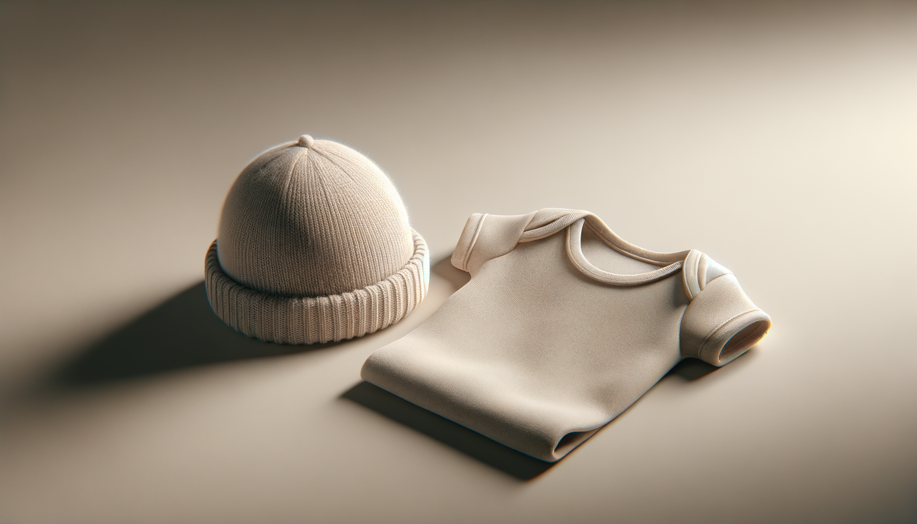 A beige knit baby beanie hat and a folded cream-colored baby onesie on a light surface with soft lighting.