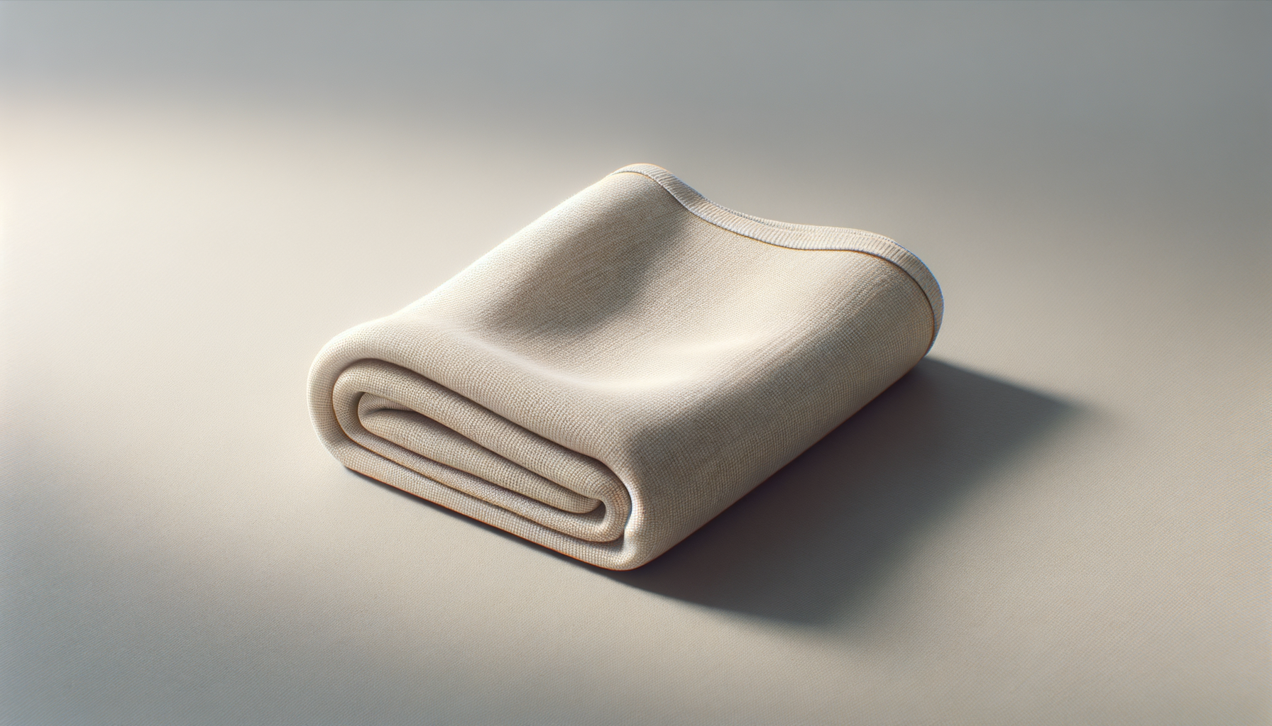 A neatly folded beige fabric napkin or cloth on a plain surface with soft lighting.