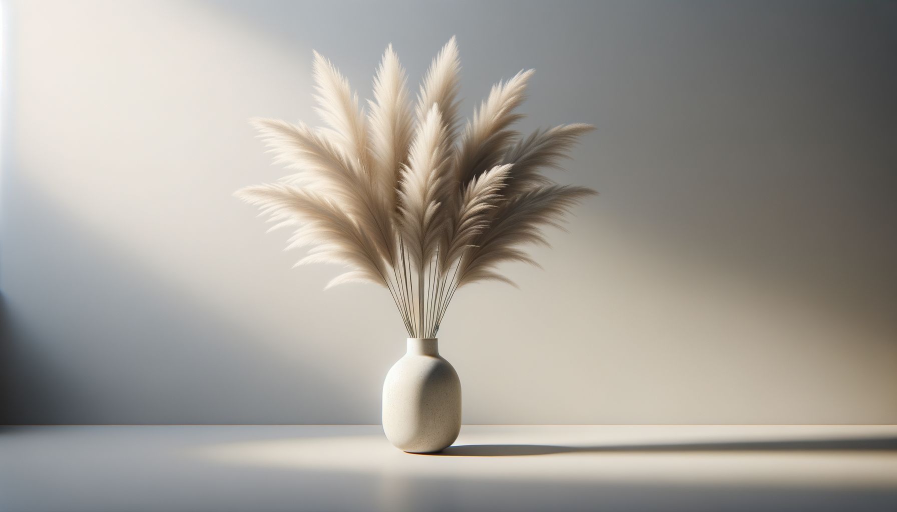 A white ceramic vase with tall, fluffy pampas grass on a smooth surface, against a neutral gradient background.