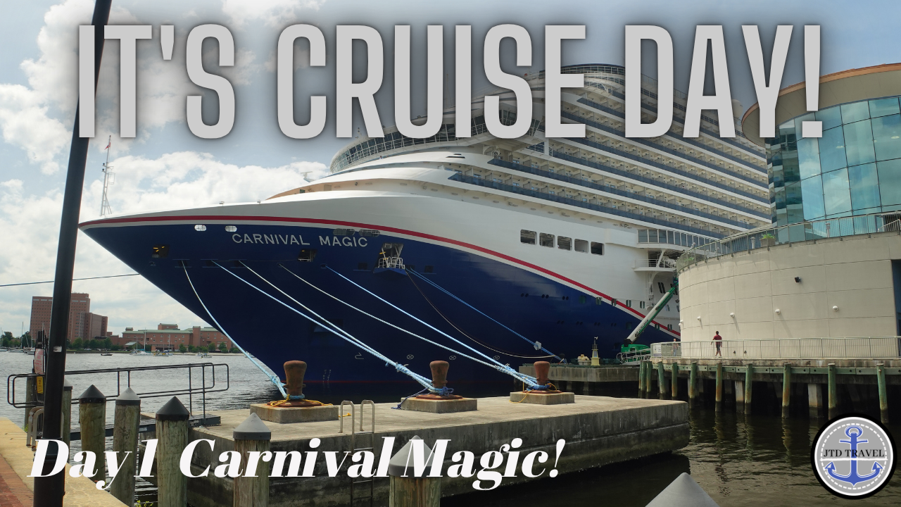 Large cruise ship named Carnival Magic docked at a port, with text overlay reading "It's Cruise Day!" and "Day 1 Carnival Magic!"