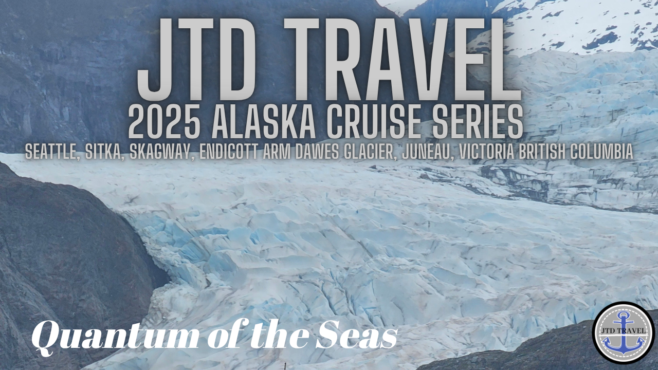 Tour advertisement poster for JTD Travel's 2025 Alaska Cruise Series featuring glaciers and mountains.