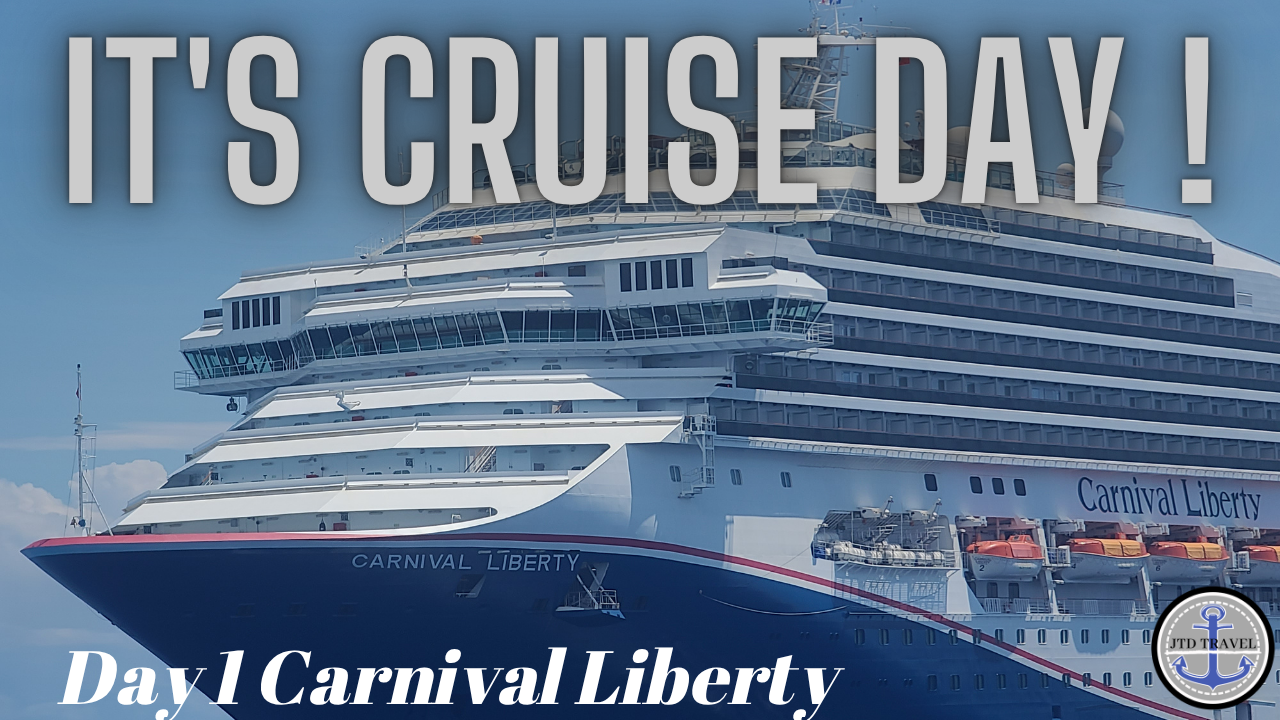 A large cruise ship named Carnival Liberty sailing in the ocean with the sky in the background, with the text 'IT'S CRUISE DAY!' at the top and 'Day 1 Carnival Liberty' at the bottom.