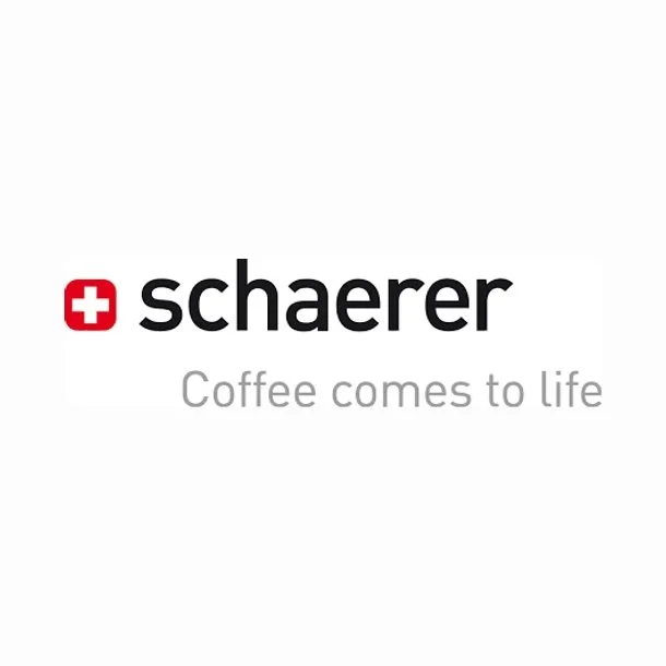 Schaerer logo with a red Swiss cross, tagline 'Coffee comes to life' on a white background.