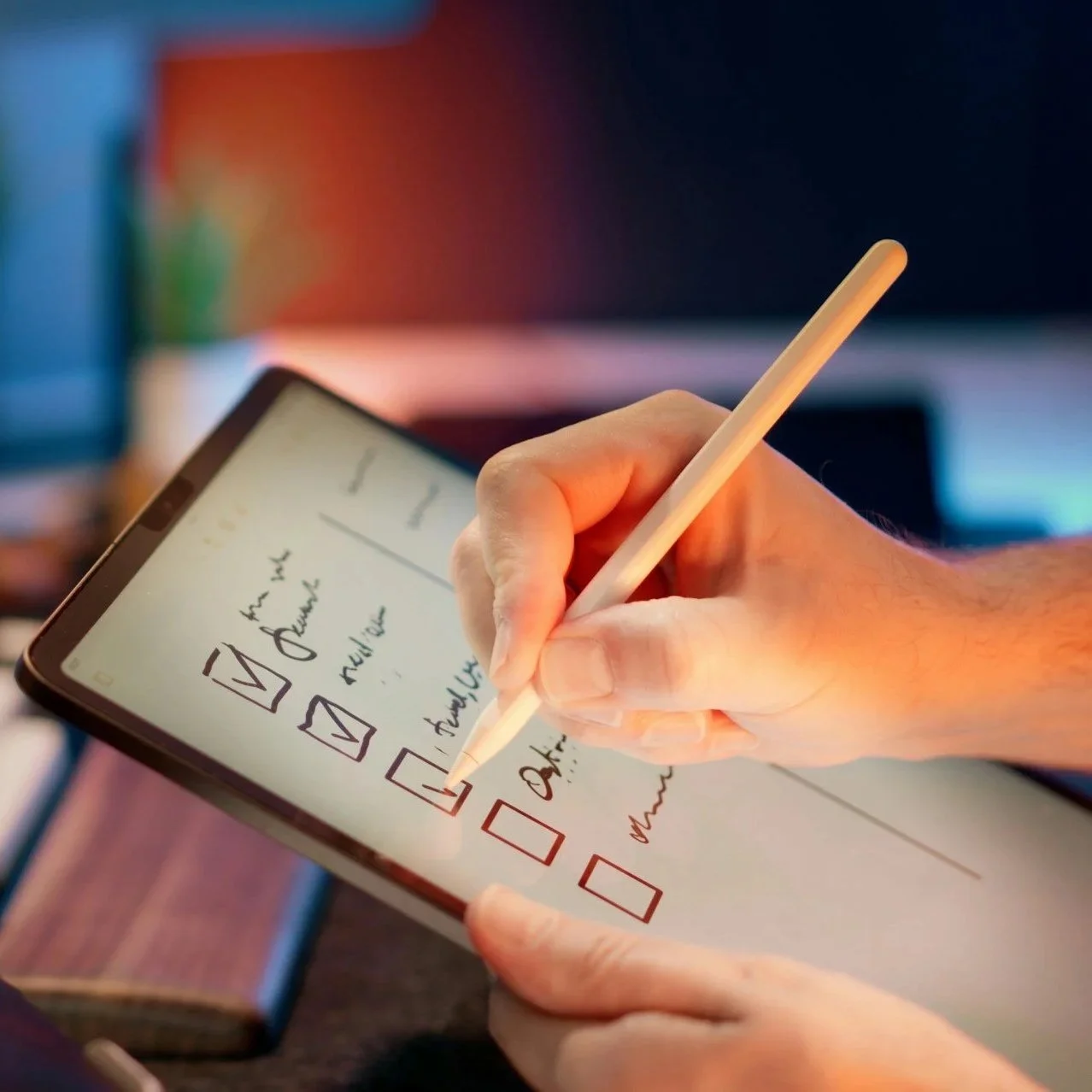 Person holding a stylus and marking a digital checklist on a tablet screen, with a blurred background.