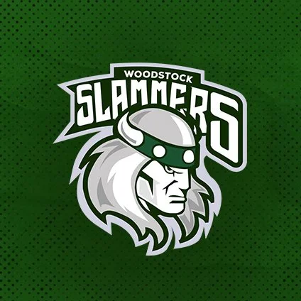 Logo of the Woodstock Slammers hockey team featuring a viking with a helmet and the team name.