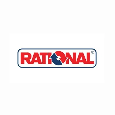 Rational logo with red text and a blue recycling symbol in the middle on a white background.