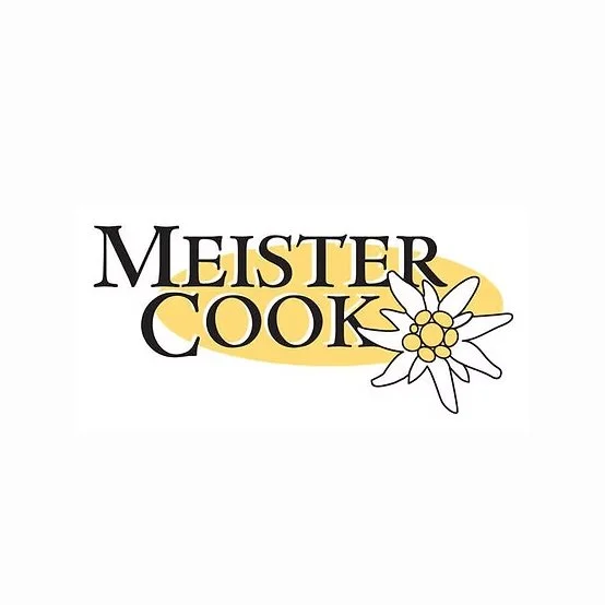 Logo with the text 'Mister Cook' and an illustration of a flower with white petals and a yellow center, overlapping a yellow oval background.