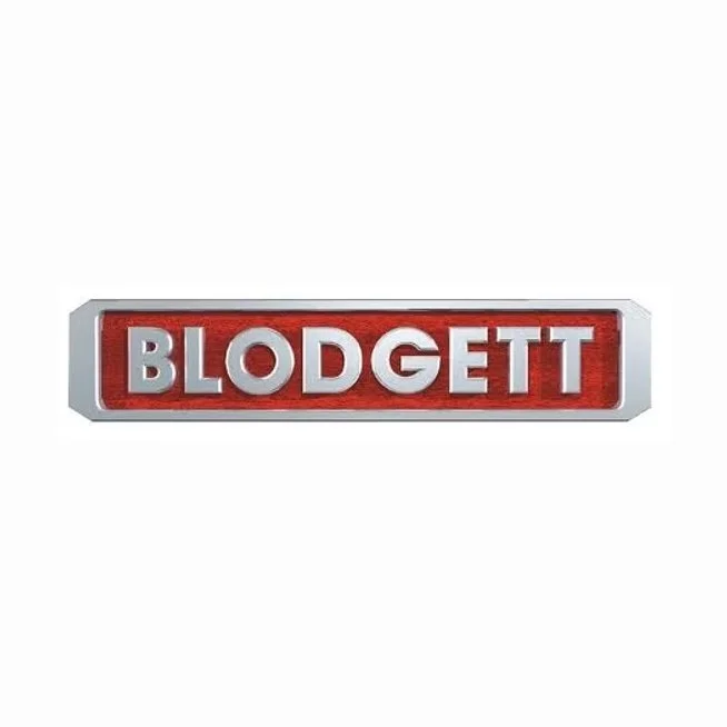 A metallic nameplate with the word "BLODGETT" in bold, capital letters, mounted on a red background with a silver border.