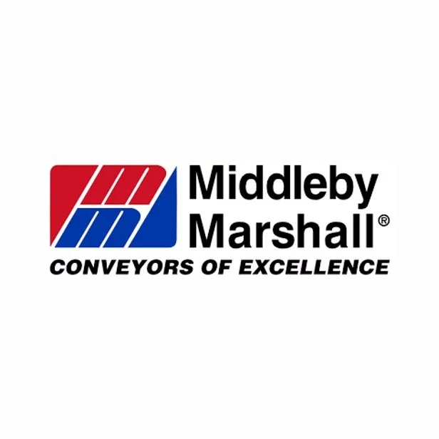 Logo for Middleby Marshall featuring a stylized emblem with red and blue sections, and text reading 'Middleby Marshall' and 'Conveyors of Excellence'.