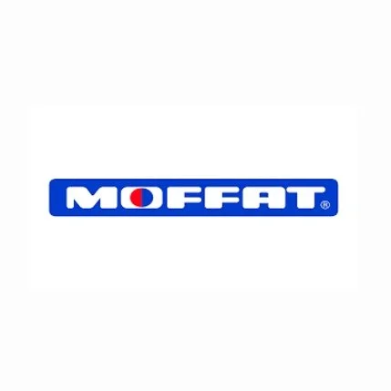 Moffat logo with blue background and white text, featuring a red and blue circle inside the letter 'O'.
