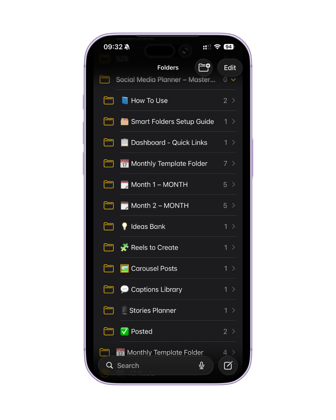 A smartphone screen displaying a cloud file management app with various folders, including Social Media Planner, How To Use, Smart Folders Setup Guide, Dashboard, Monthly Templates, Month 1, Month 2, Ideas Bank, Reels to Create, Carousel Posts, Captions Library, Stories Planner, and Posted. The top shows the time 09:32, Wi-Fi, and battery icons.