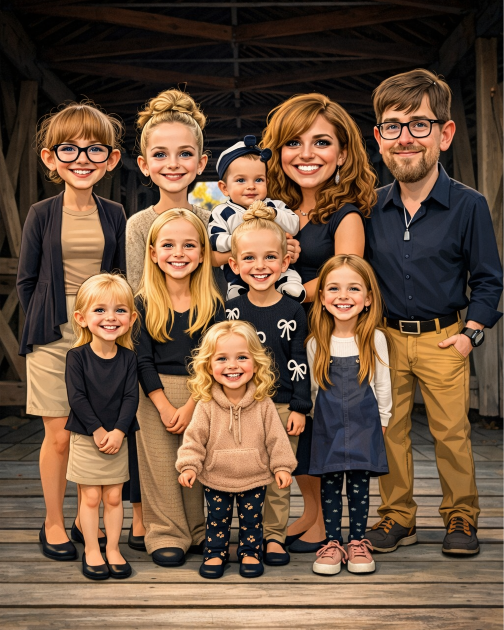 A group photo of a family with adults and children smiling inside a wooden structure. The family includes two adults and several young girls and boys dressed in casual and semi-formal clothing.