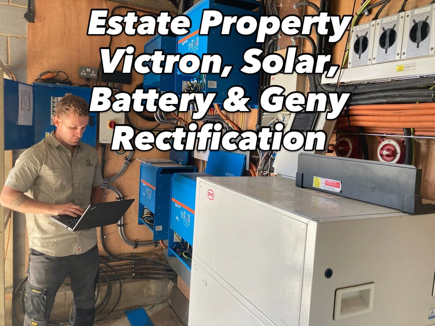 45KVA Victron Solar &amp; Battery storage system + 60KVA generator on Estate property in Surrey, UK. 120x solar panels, 3000Ah of battery storage. We were called out to this existing system to rectify multiple faults, issues and get this system runni