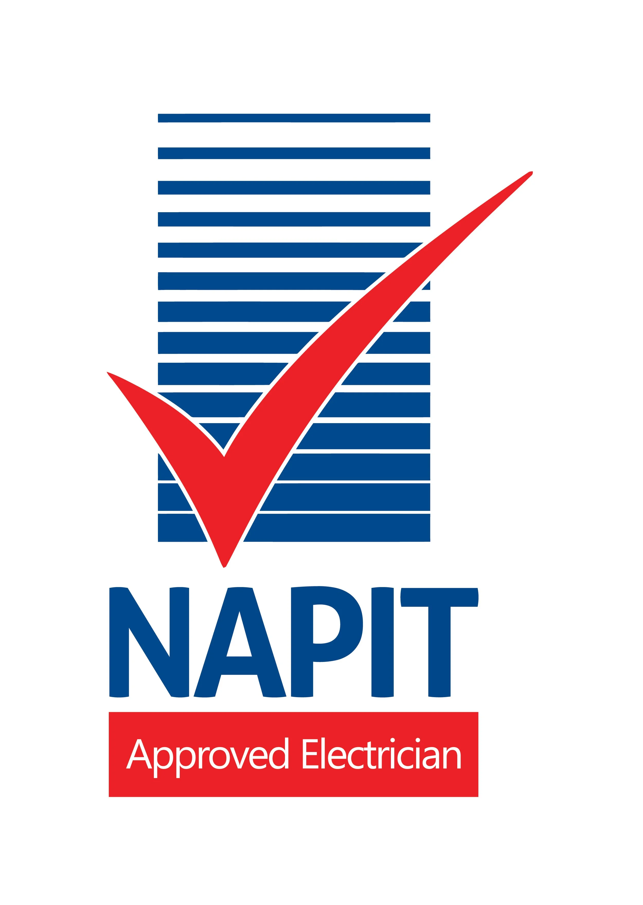 NACT logo with blue lines and red check mark, text reading 'Approved Electrician' in a red box.
