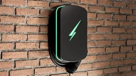 Wireless electric vehicle charger mounted on a brick wall with a green lightning bolt icon.
