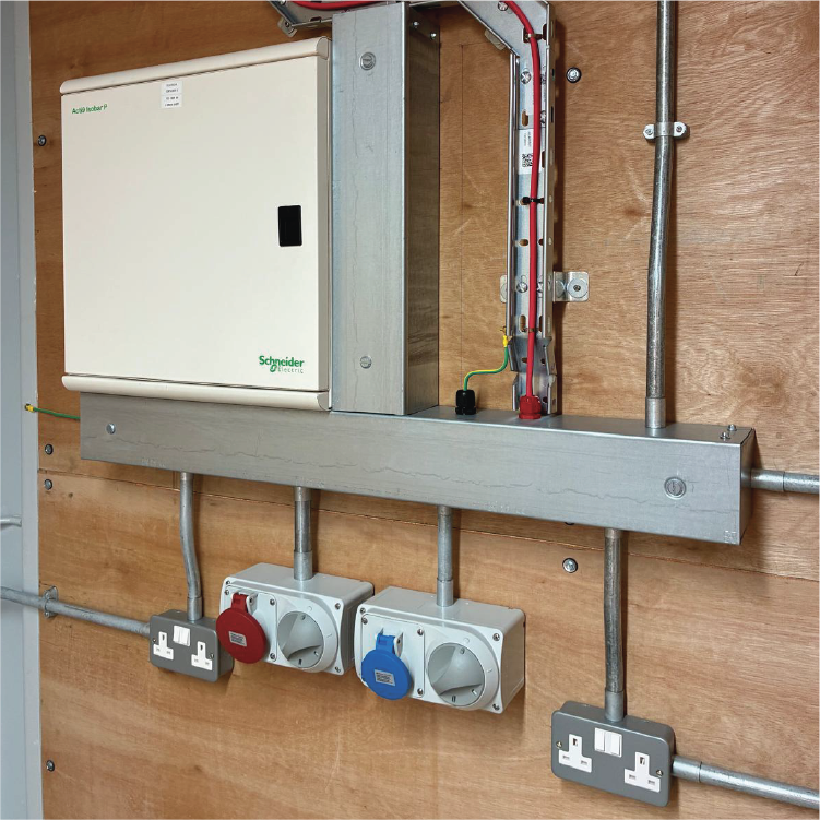 Electrical control panel and wiring on a wooden wall with power outlets.