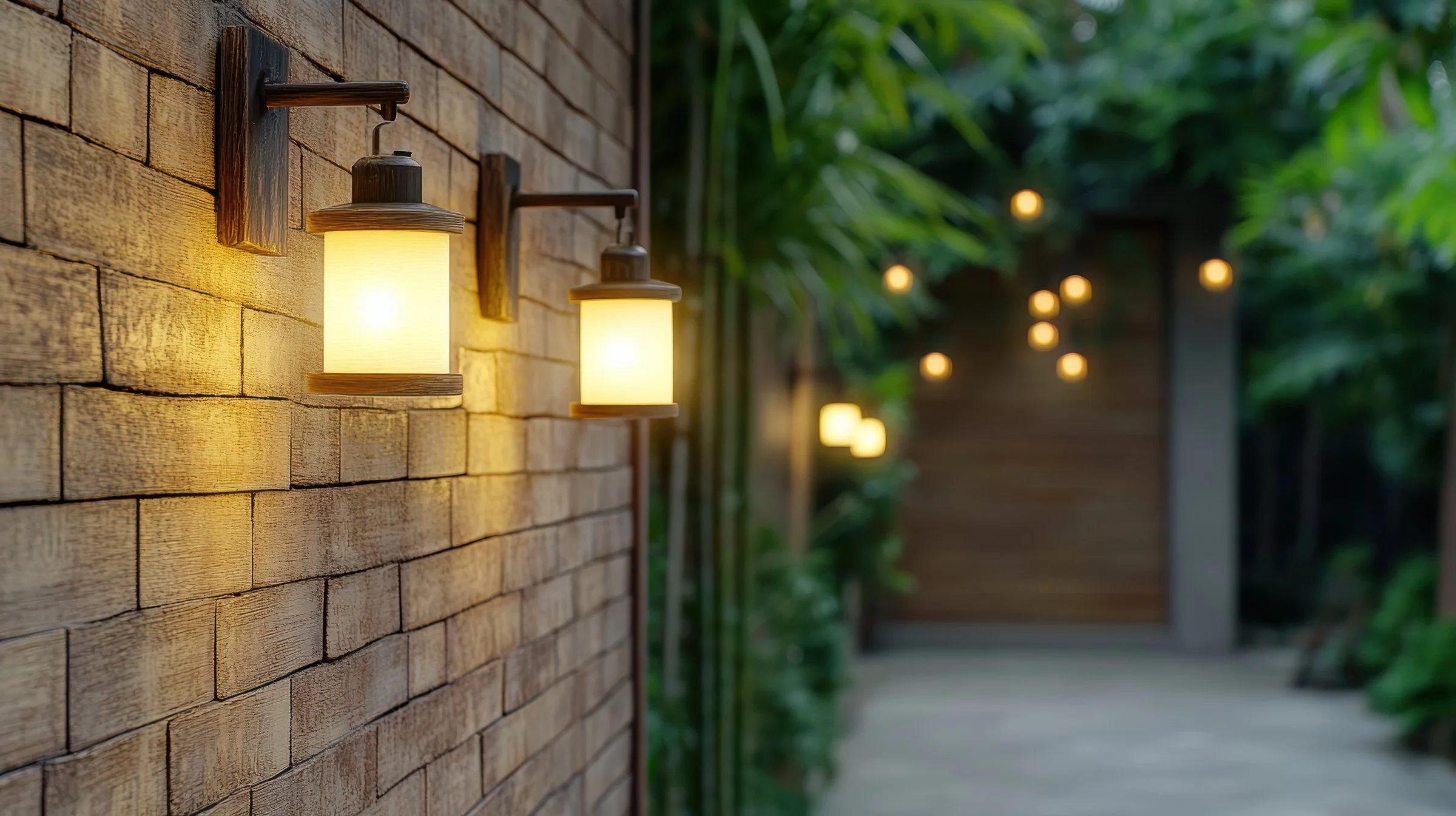 A row of illuminated outdoor wall-mounted lanterns on a brick wall, with trees and hanging lights in the background at dusk.