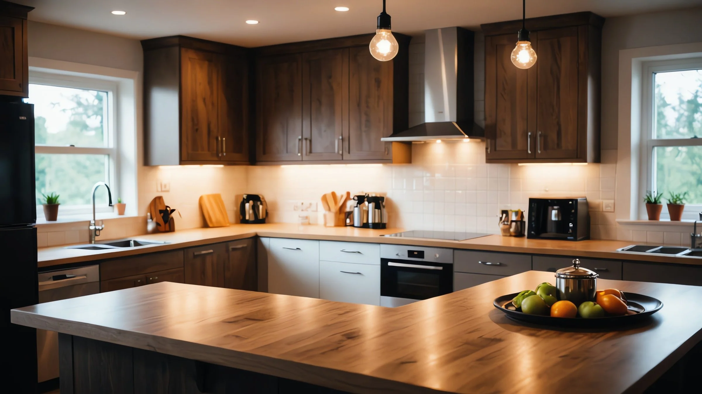 Modern kitchen with wooden cabinets, white backsplash, and large windows with potted plants, fruit bowl, and appliances.