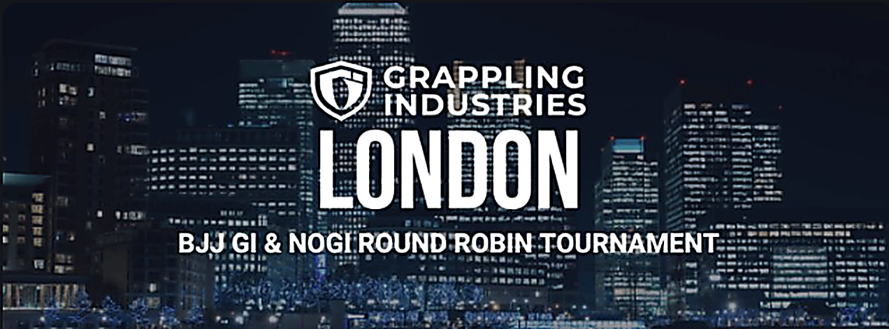 Nighttime cityscape of London with illuminated buildings and a promotional banner for Grappling Industries London BJJ G.I & Nogi Round Robin Tournament.