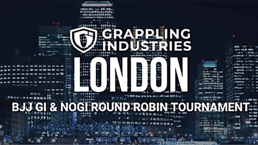 Night cityscape with lit-up skyscrapers and the text 'Grappling Industries London BJJ GI & NOGI Round Robin Tournament' overlaid.