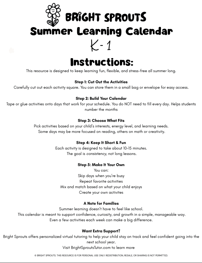 K-1 Summer Learning Calendar