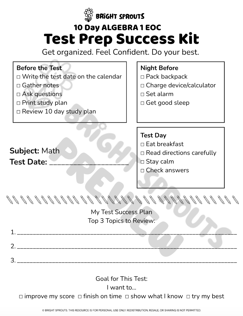10 Day Algebra 1 EOC Test Prep Success Kit