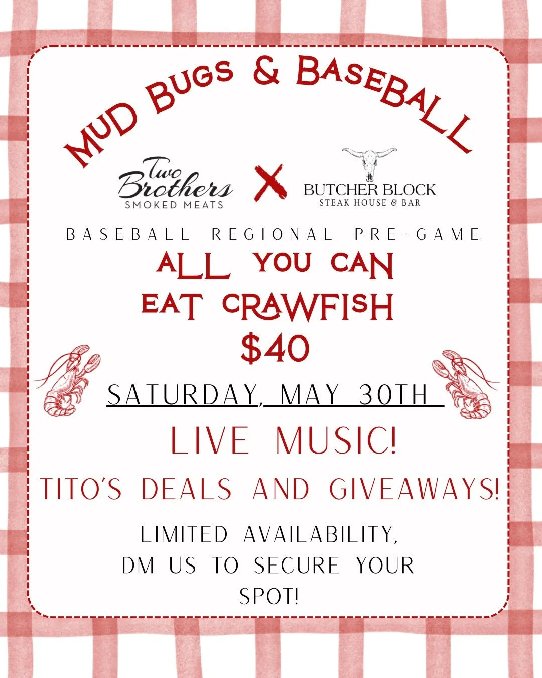 A lot can happen during a regional baseball weekend.
Teams advance. Seasons end. Someone will now, inevitably, eat an unreasonable amount of crawfish.

🦞 $40 all-you-can-eat crawfish 🍸Tito&rsquo;s specials 🎁 Tito&rsquo;s giveaways and merch 🎶 Liv