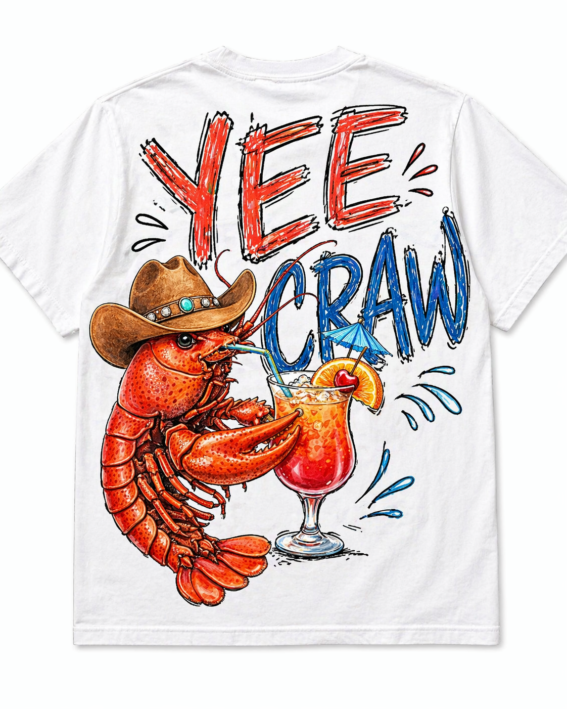 A white t-shirt with a colorful design featuring a cartoon lobster wearing a cowboy hat, holding a cocktail with a cherry, orange slice, and umbrella, and the text "YEE CRAW" in red and blue lettering.