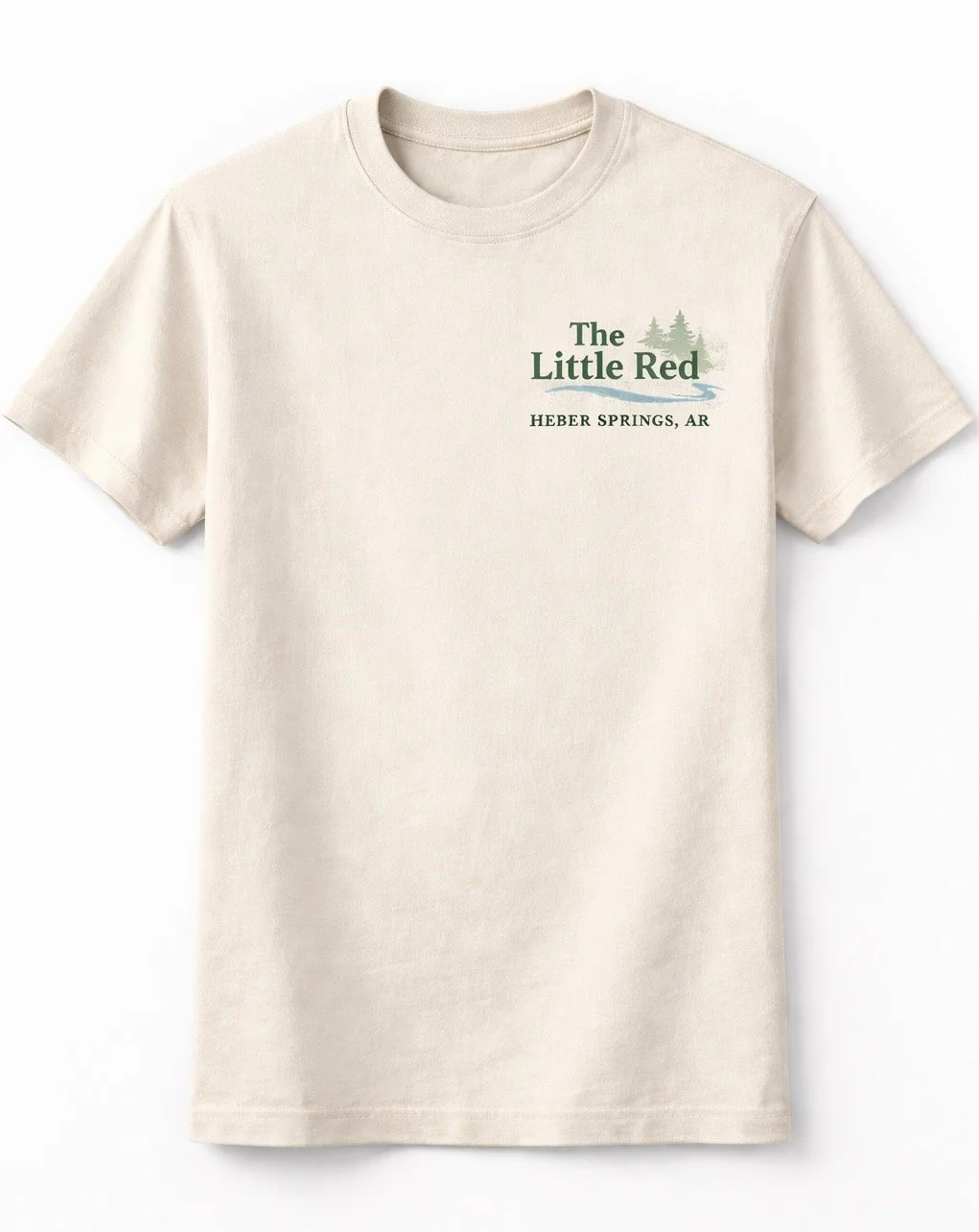 Cream-colored T-shirt with green and blue design promoting The Little Red in Heber Springs, Arkansas, featuring trees and water.