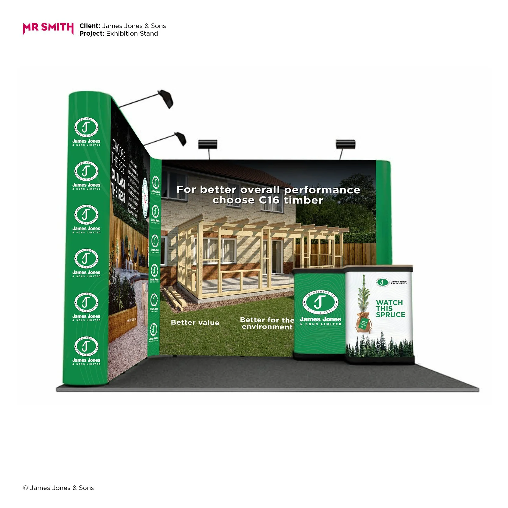 Exhibition stand with branding for James Jones & Sons Limited, displaying signage about timber and spruce products, with a partially constructed wooden house frame and outdoor setting.