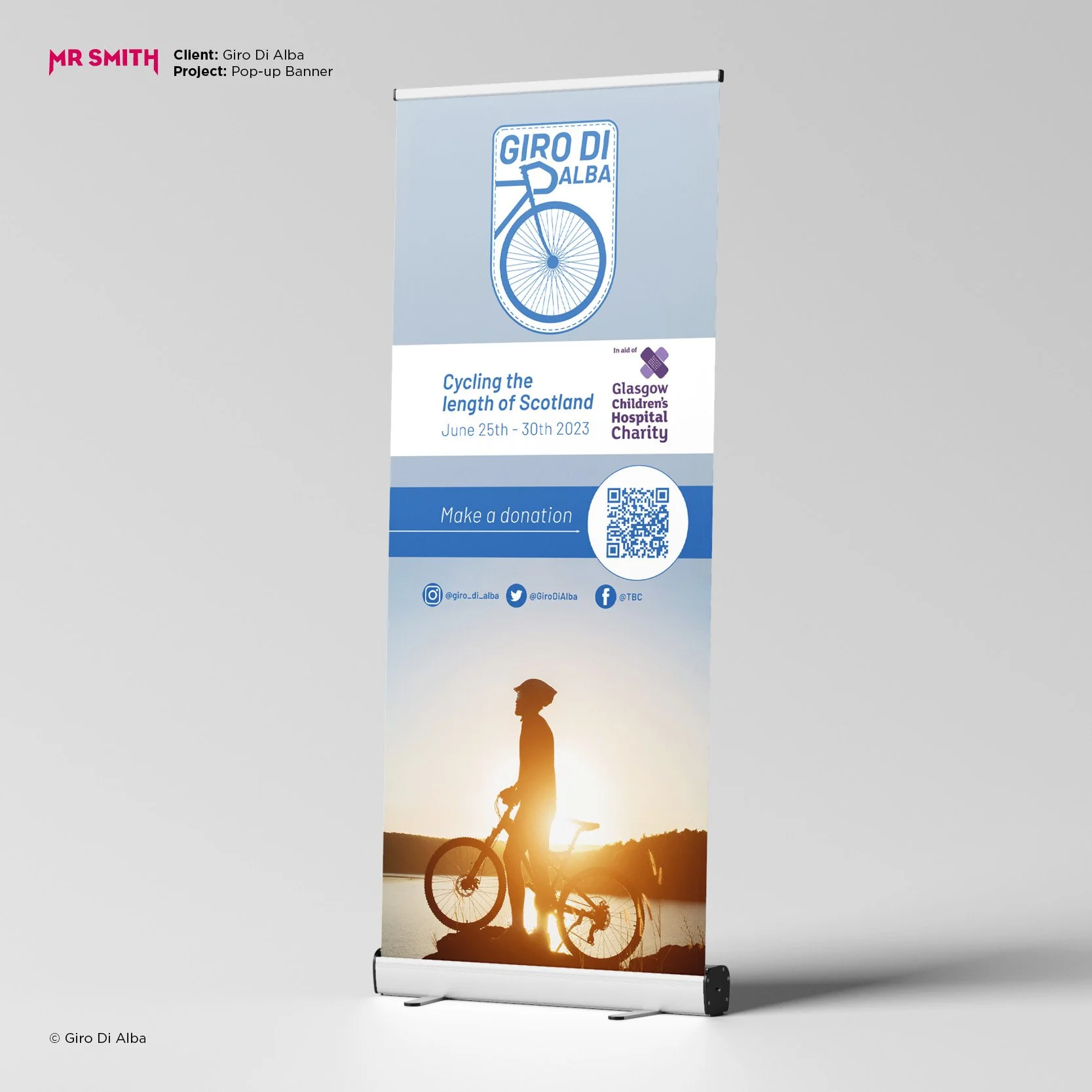 A promotional pop-up banner displaying a cyclist with a bicycle at sunset, with text promoting a cycling event for charity in Scotland from June 25th to 30th, 2023.
