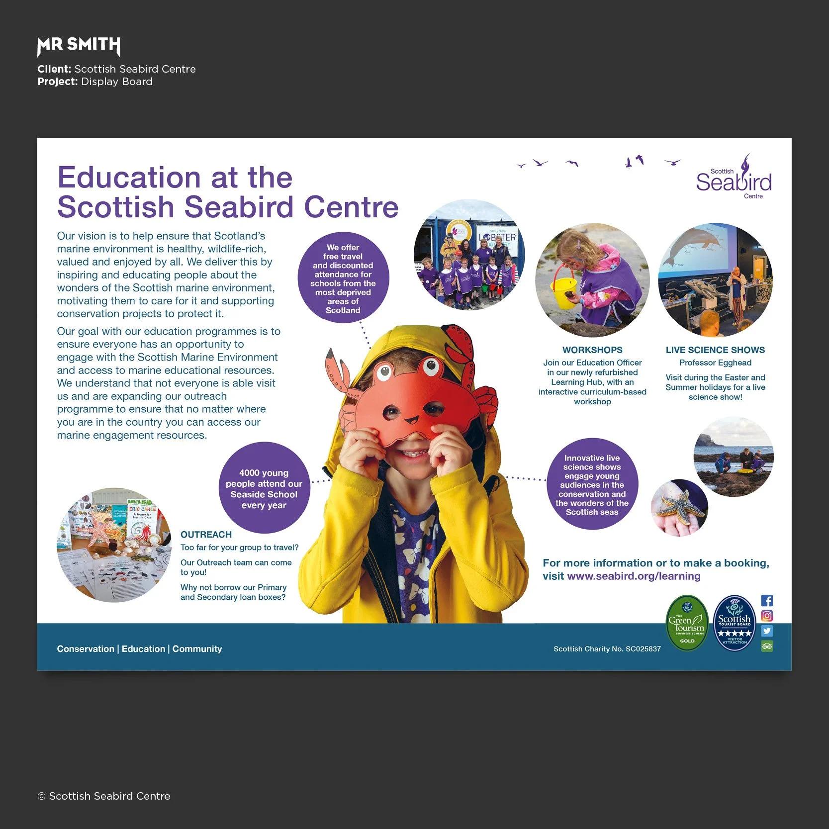 A poster from the Scottish Seabird Centre promoting education and conservation programs. It features a child holding a crab mask, images of activities, and text about the centre's mission, workshops, live science shows, outreach, and contact informat