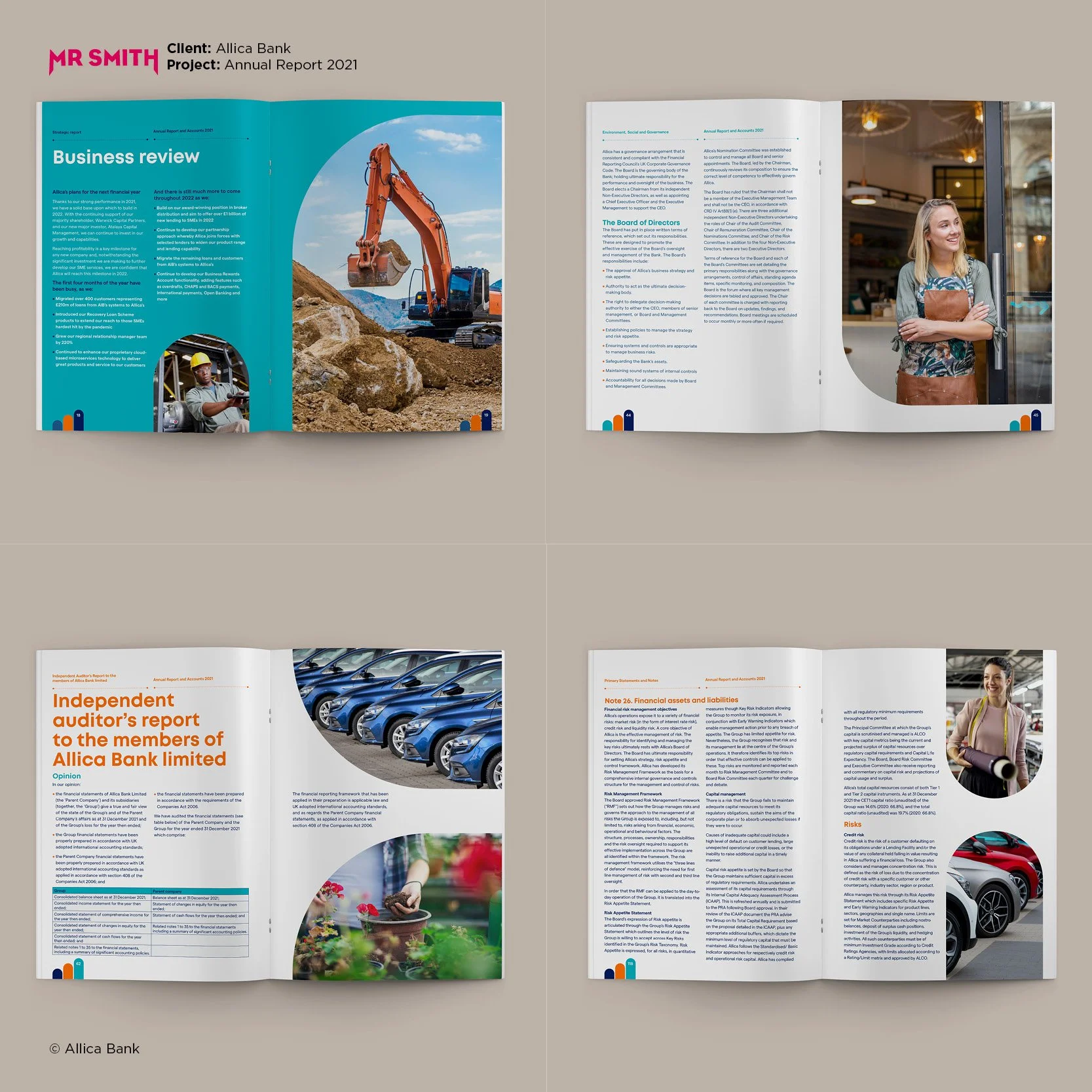 Open magazine displaying pages from a report with images of construction machinery, a woman smiling at a storefront, and a row of blue cars.