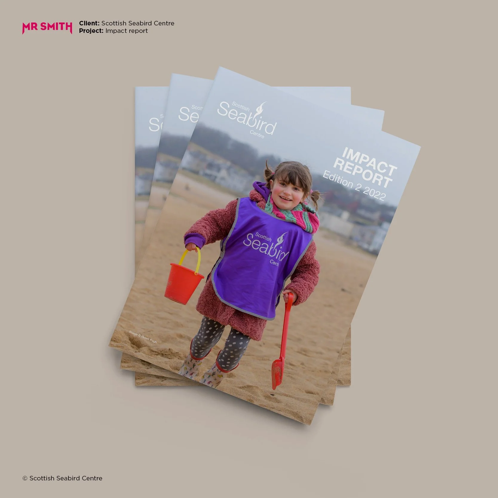 Cover page of impact report with a smiling young girl in a purple Scottish Seabird Centre vest, holding a red bucket and a pink shovel, standing on the beach with houses in the background.