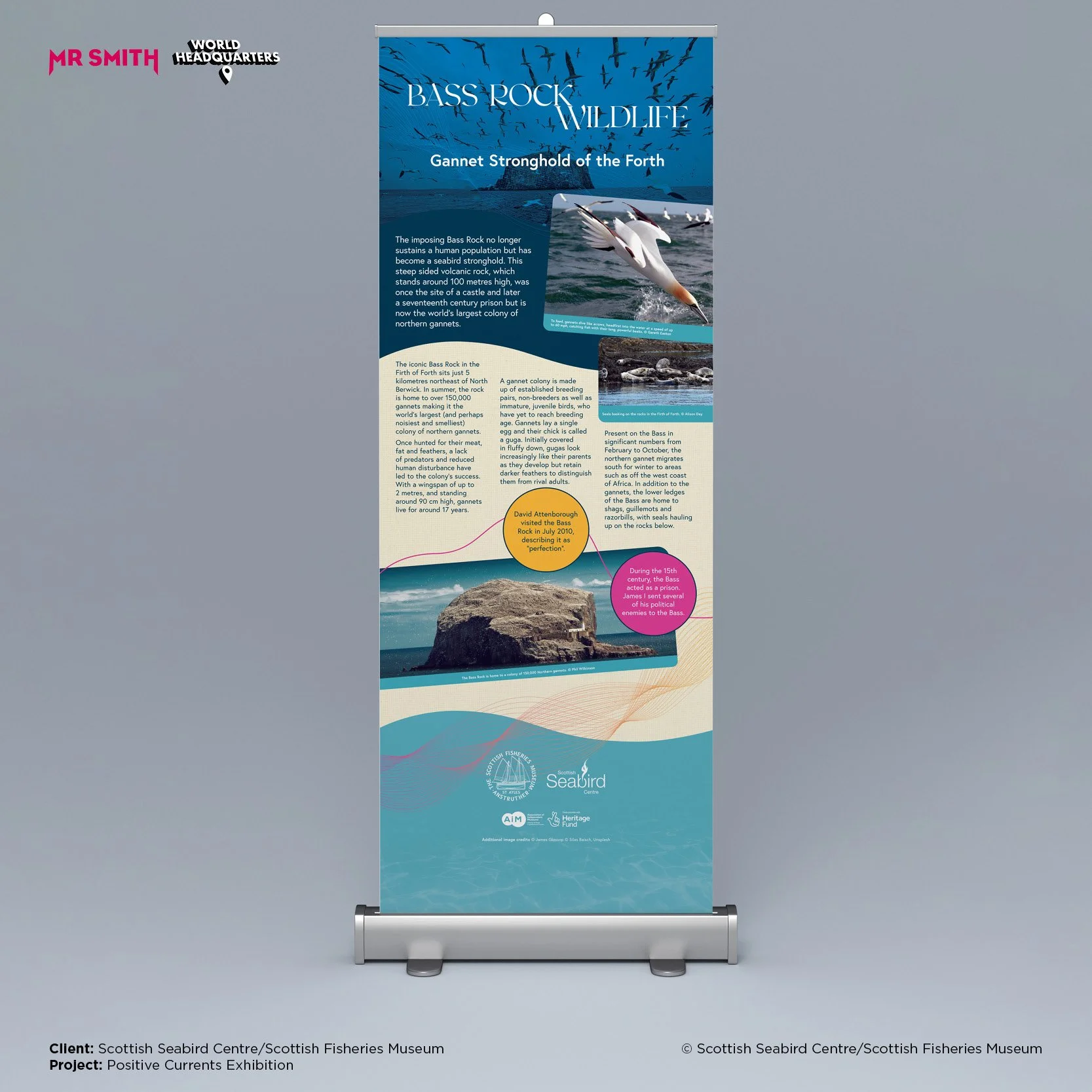 Information panel about Bass Rock wildlife, featuring text and images of seabirds and the rock formation, with logos at the bottom for the Scottish Seabird Centre and Scottish Fisheries Museum.