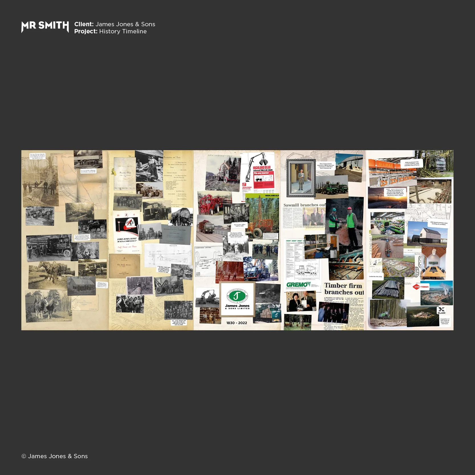 A collage of historical photographs, documents, and advertisements related to the James Jones & Sons company, celebrating its 1830-2022 history, with a dark background and a central logo.