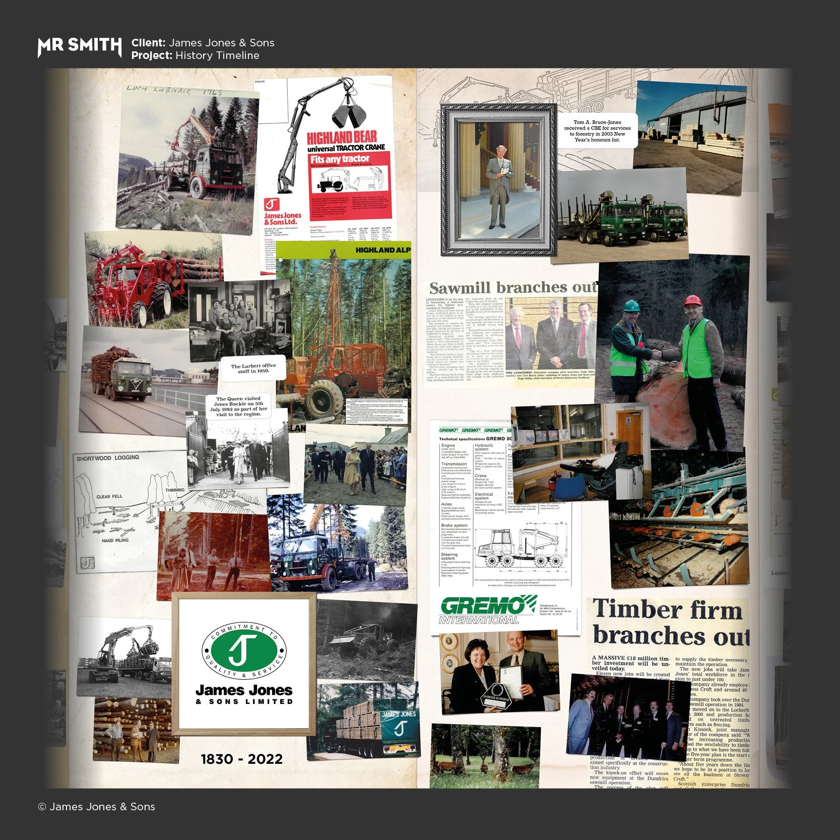 A collage of historical and modern images related to James Jones & Sons, including forestry equipment, trucks, and office staff, commemorating the company's 1830-2022 history.