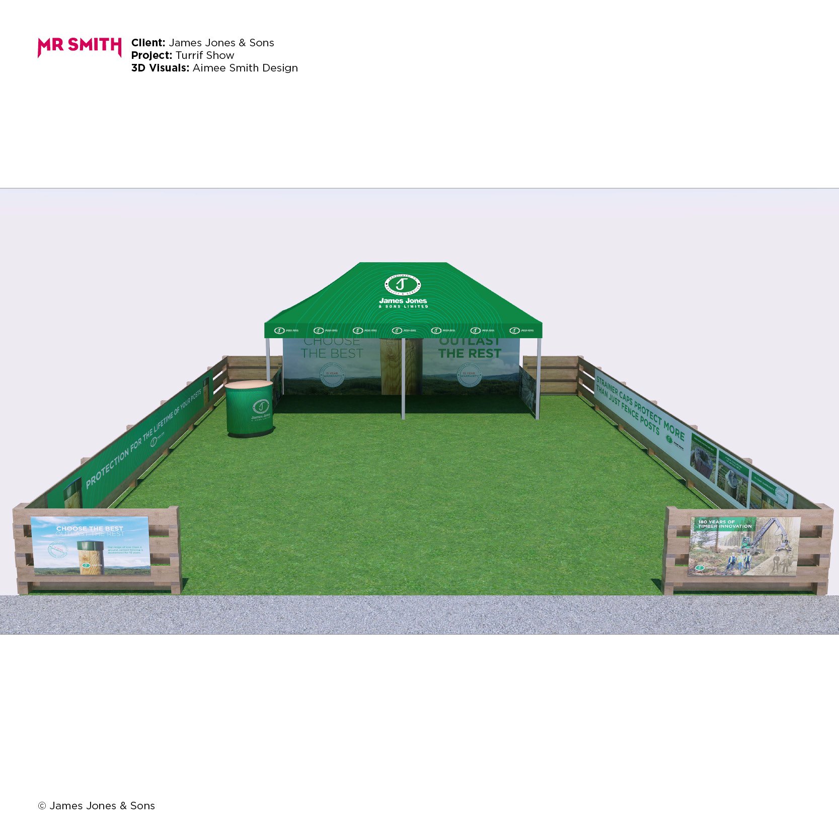 A green outdoor display booth with a canopy featuring the James Jones & Sons Limited logo, surrounded by signs and banners highlighting timber products and company history, situated on a patch of artificial grass.