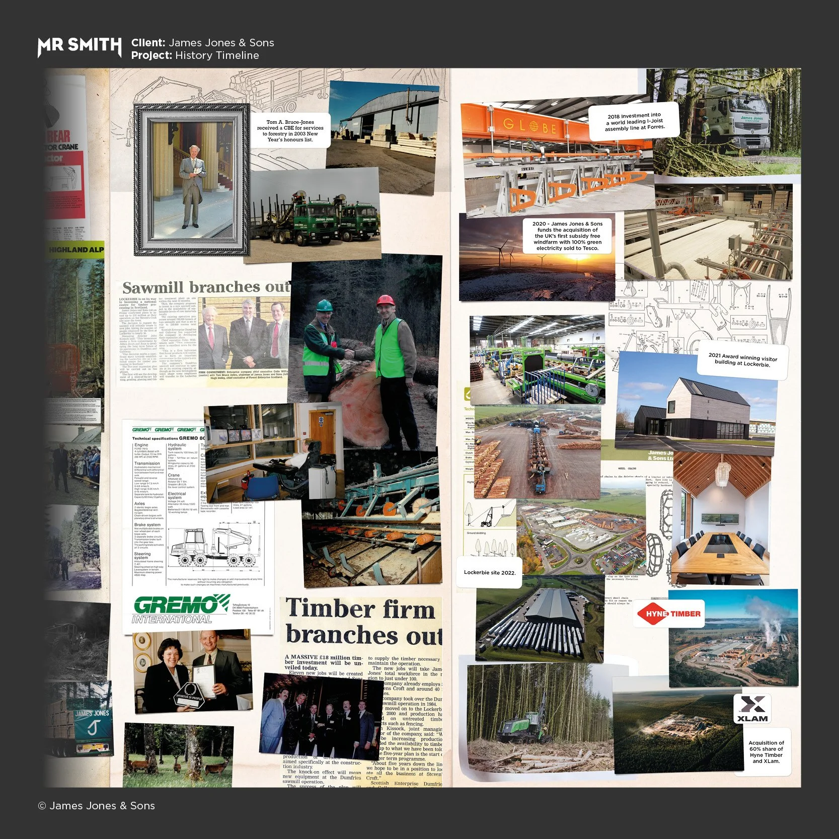 A collage of images and text related to timber and construction projects, including forestry, machinery, timber firm branches, wind turbines, a visitor building, and awards, with captions about investment and site developments.