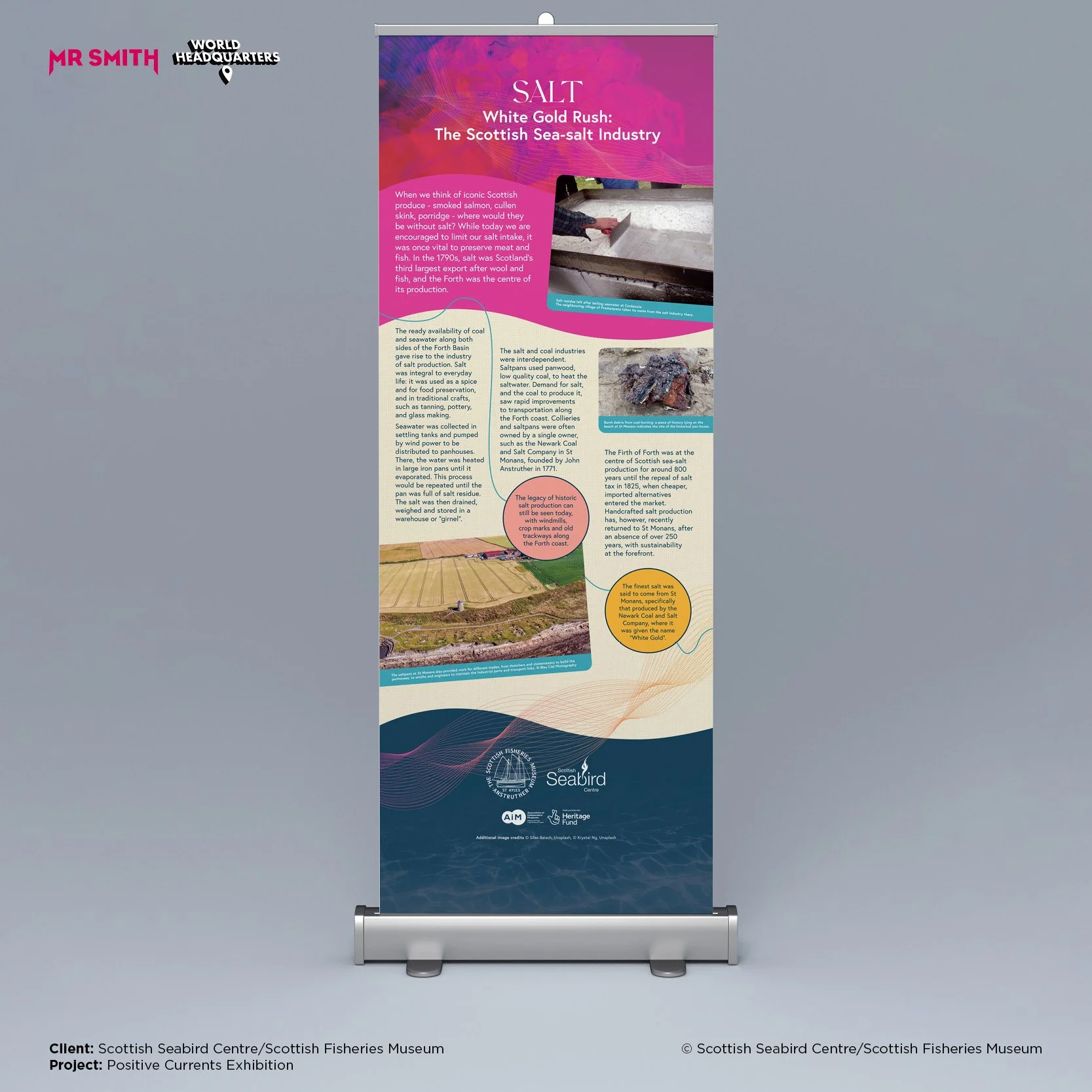 A vertical exhibition banner about the Scottish sea-salt industry titled 'Salt: White Gold Rush'. It contains text and images explaining the history and process of salt production in Scotland, with a photo of someone scraping salt and an image of sal
