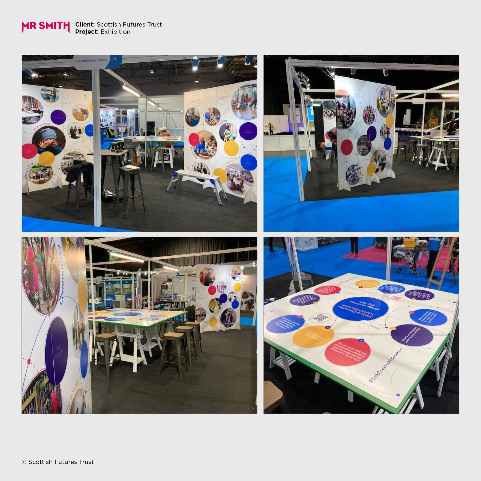 Exhibition booth of Scottish Futures Trust with display panels, tables, chairs, and informational graphics, featuring circles with photos and text about the organization's activities.