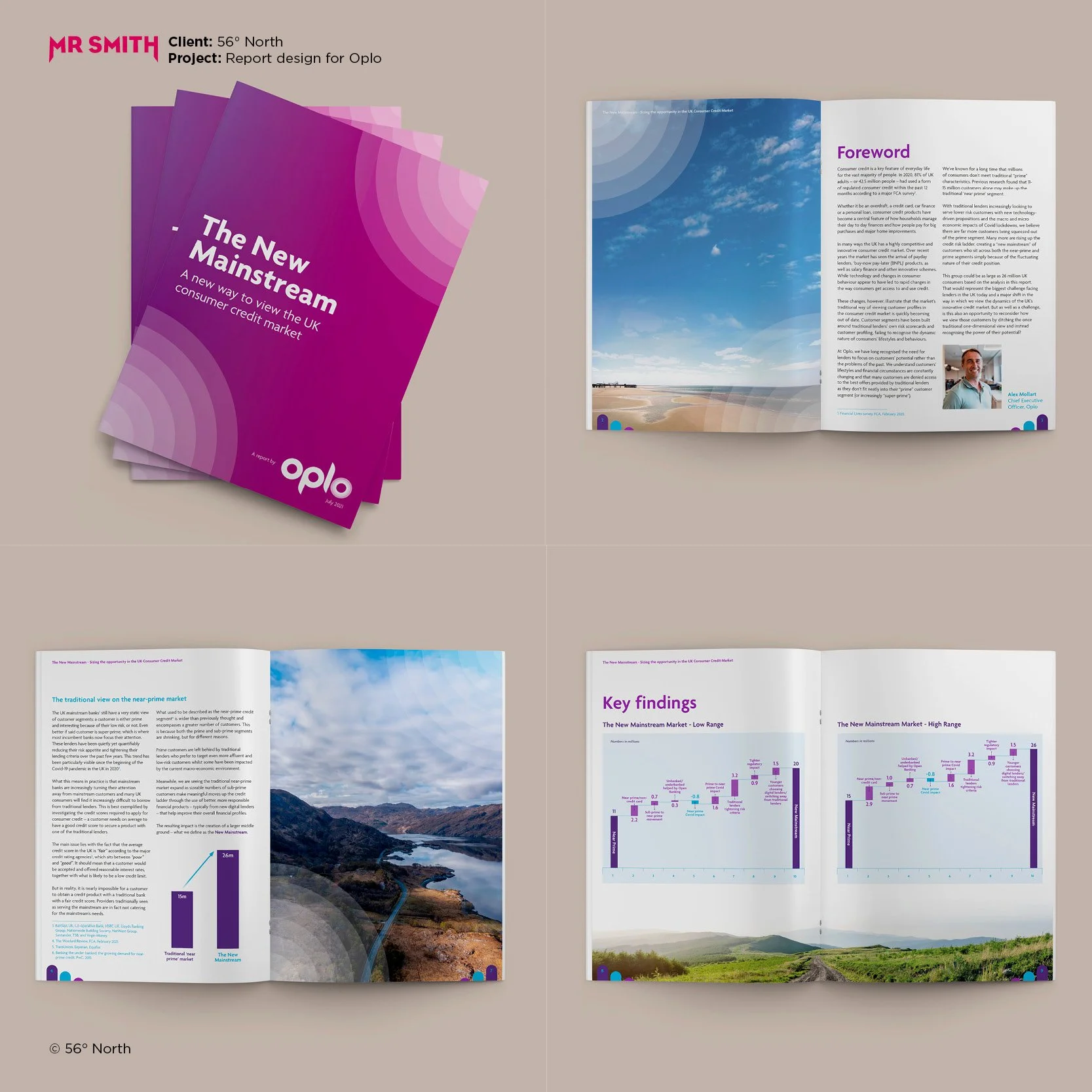 Open report titled 'The New Mainstream: A new way to view the UK consumer credit market' by Opplo, July 2023, with purple cover and pink and purple concentric circle design, placed beside an open magazine showing pages with text, charts, and images o