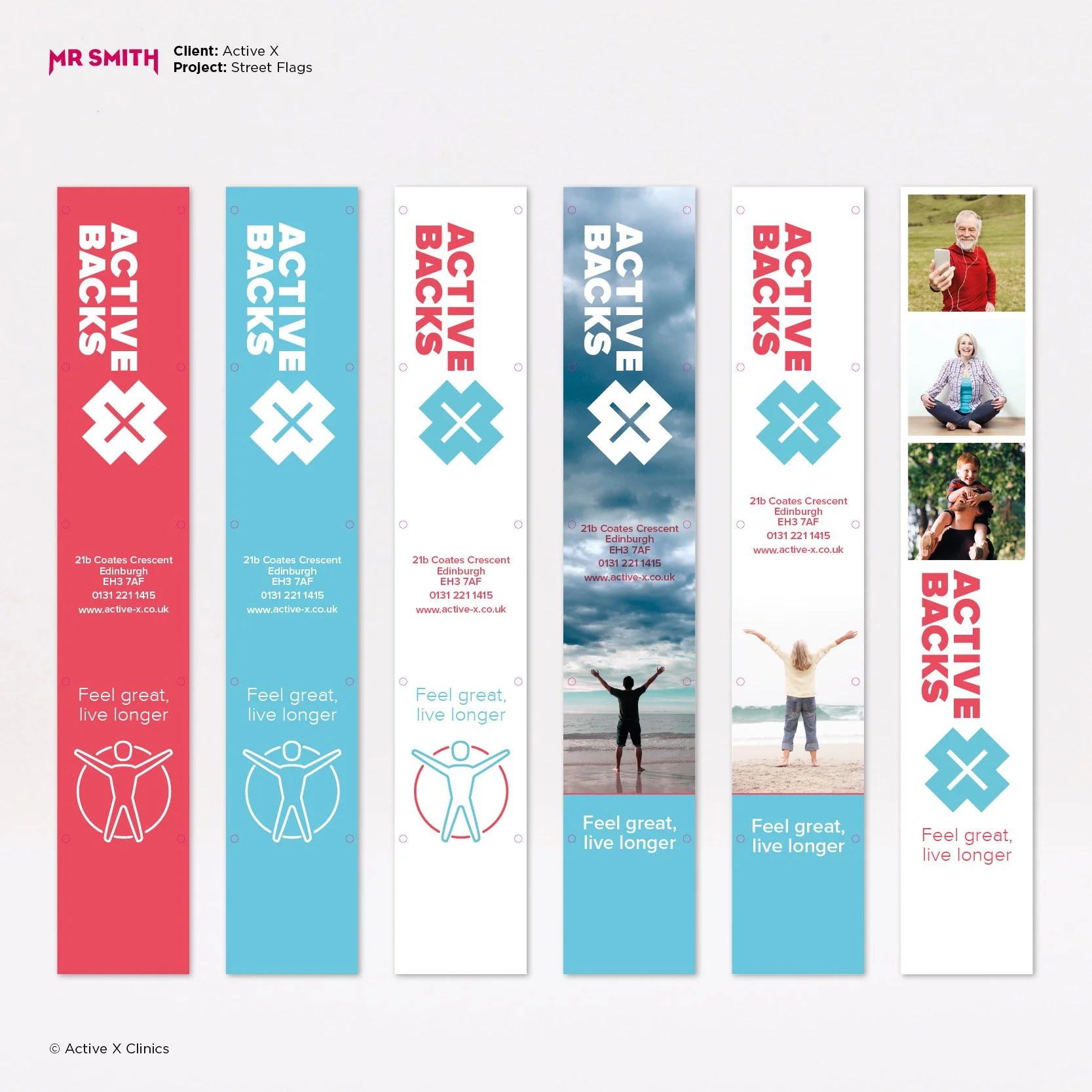 A set of street flags in red and blue promoting Active X Clinics, with slogans 'Feel great, live longer,' and images of people in outdoor activities.
