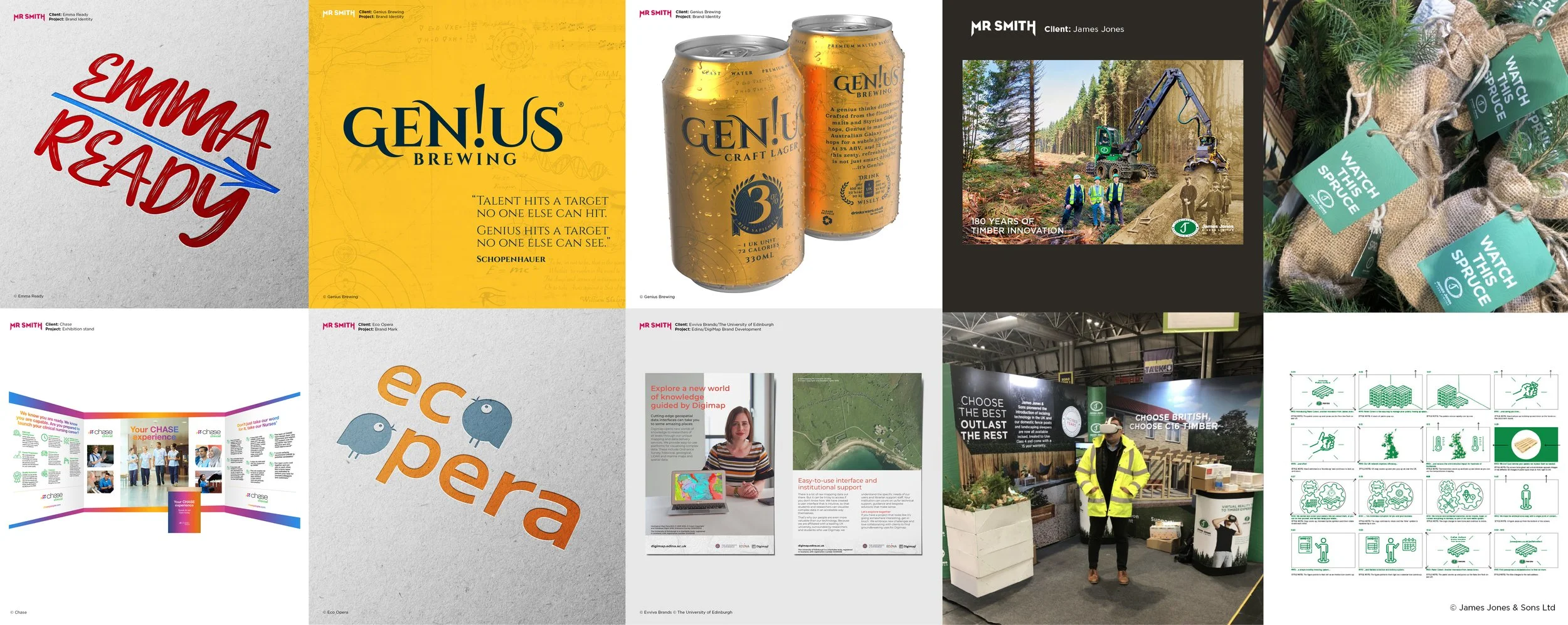 A collage of various promotional and branding materials, including logos for Mr. Smith, Genius Brewing, ecopera, and Chase, printed posters, cans of Genius craft lager, and product displays at an exhibition and outdoor logging site, with text about timber innovation and environmental conservation.