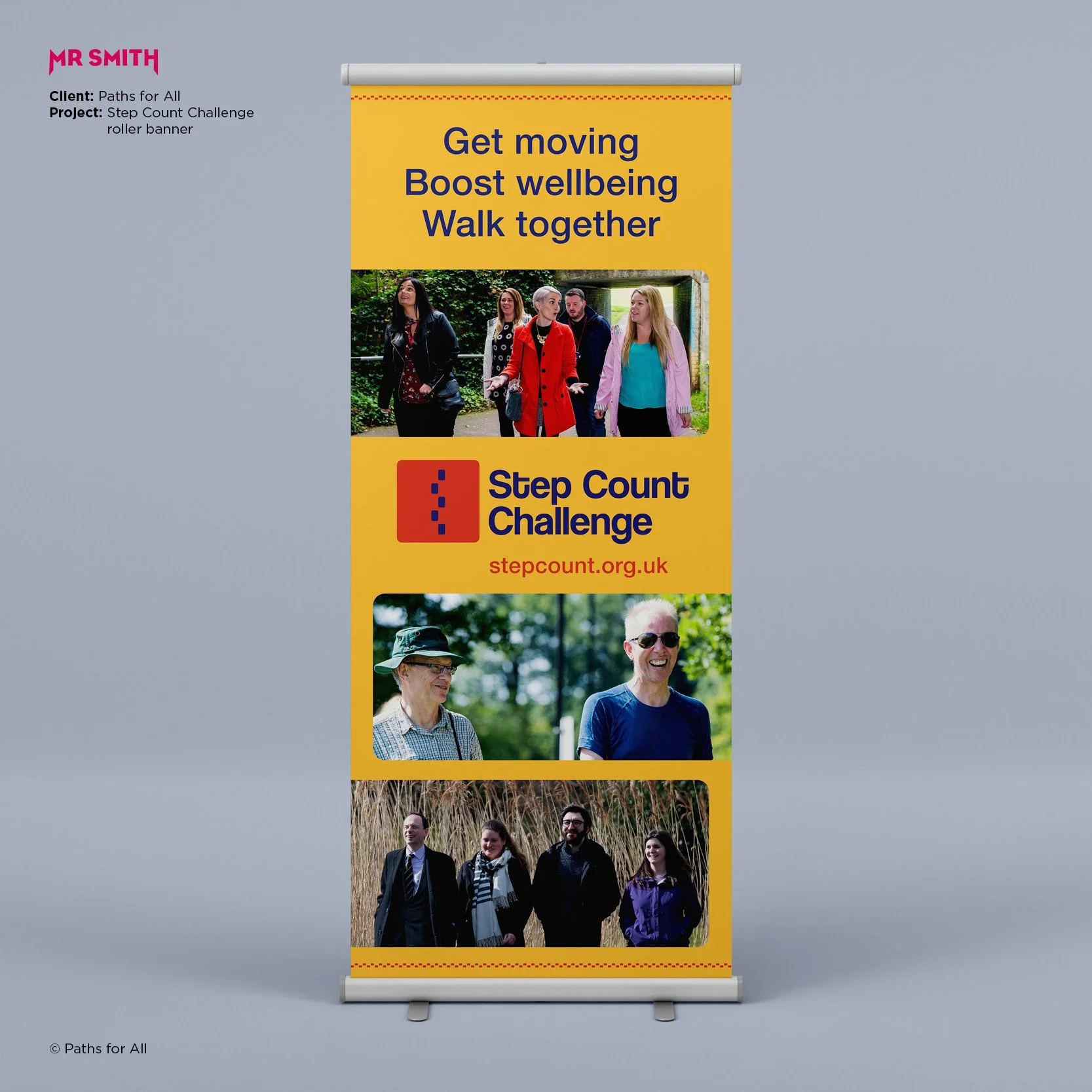 Roll-up banner promoting a step challenge, with images of diverse groups of people walking outdoors and text encouraging movement and wellbeing.